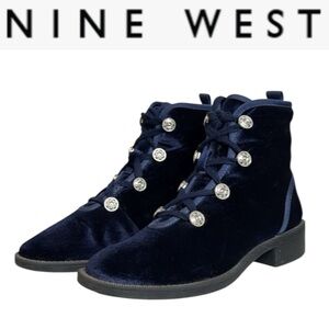 NINE WEST PLUSH NAVY BLUE VELVET SILVER EMBELLISHED BUTTON LACE UP ANKLE BOOTS